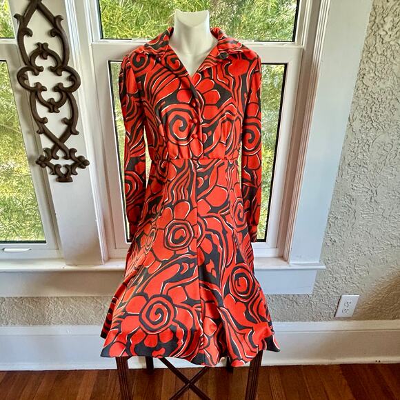 Vintage Eleanor Brenner Couture Orange & Black Mod Print Dress 1970s Size Small - Picture 3 of 16